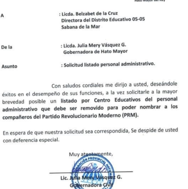Gobernadora de Hato Mayor pide listado de empleados de escuelas en Sabana de la Mar sustituirlos por perremeístas