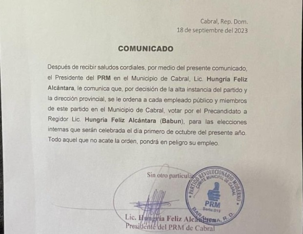 Presidente PRM en Cabral exige a empleados públicos votar por él o pierden su empleo