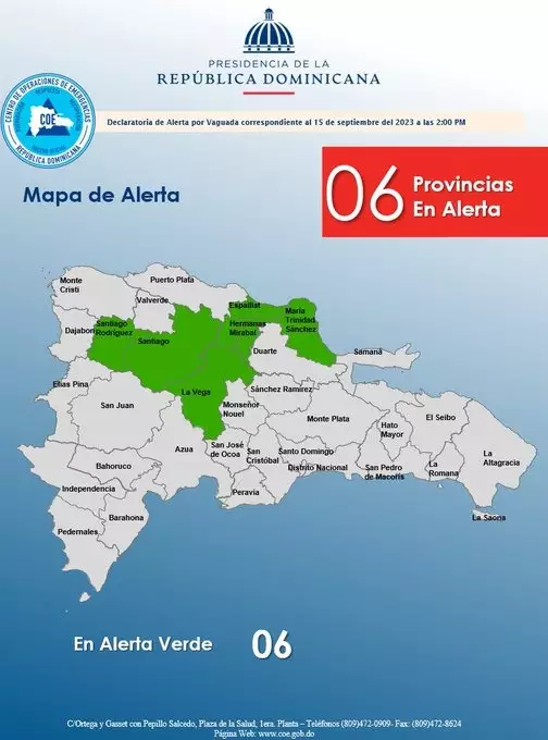 COE coloca 6 provincias en alerta verde tras incidencia de vaguada