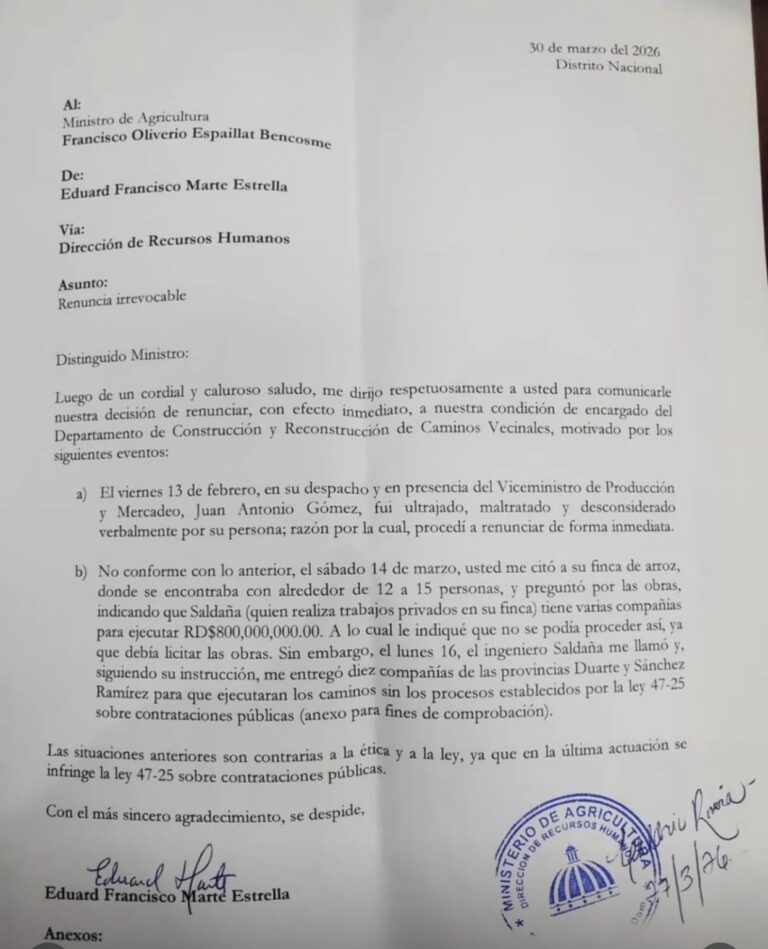 Funcionario de Agricultura renuncia y denuncia presiones para adjudicar obras sin licitación por más de 800 millones de pesos